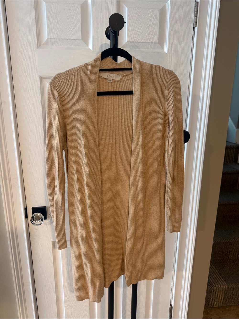 LOFT Long Open-Front Ribbed Cardigan - Tan